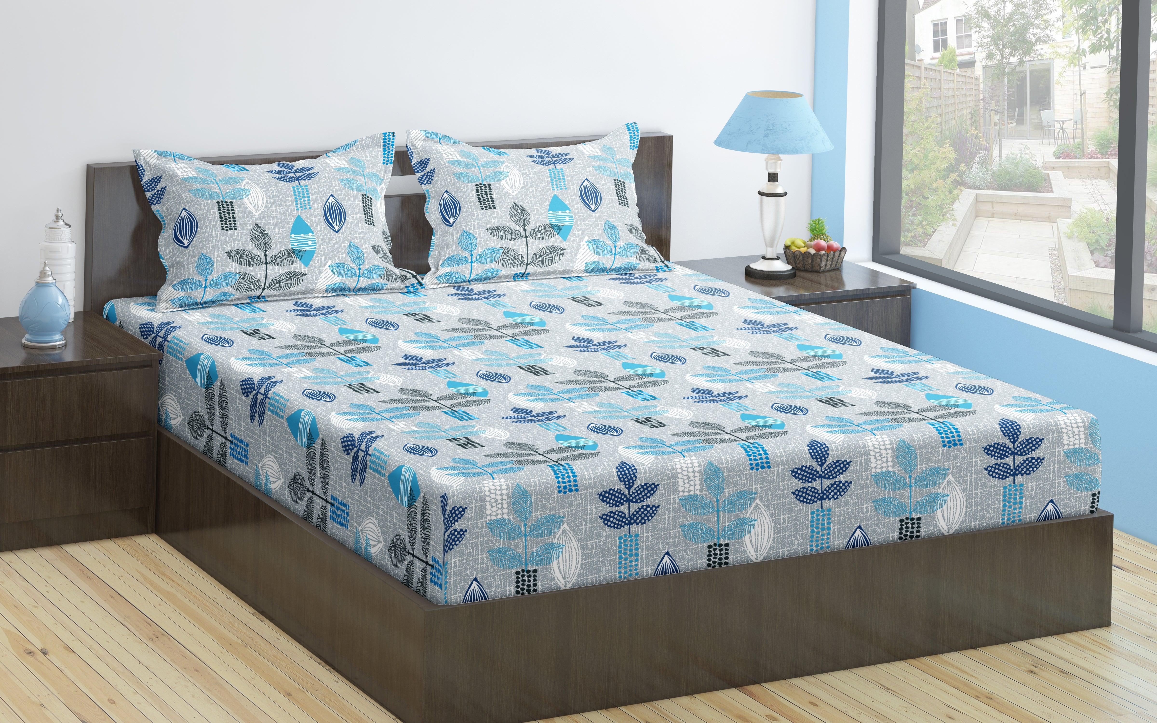 Cotton Printed Flat Bedsheet with Pillow Covers Textured Leaves 100 Trance Home Linen