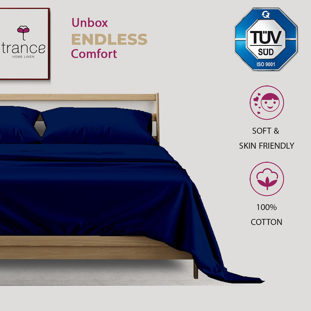 400TC Cotton Plain Bed Sheet with Pillow Covers - Navy Blue