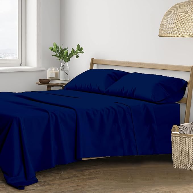 400TC Cotton Plain Bed Sheet with Pillow Covers - Navy Blue