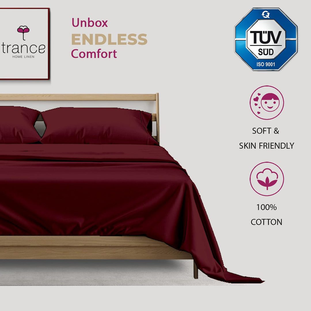 400 TC Cotton Plain Bed Sheet with Pillow Covers - Maroon