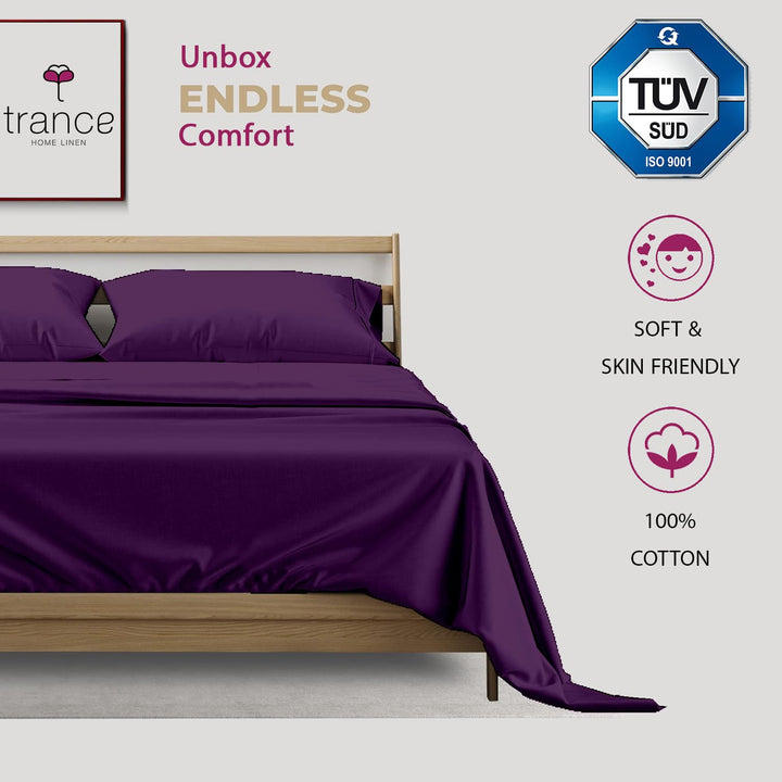 400 TC Cotton Plain Flat Bed Sheet with Pillow Covers - Plum