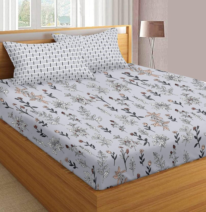 180TC Cotton Printed Flat Bedsheet with 2 Pillow Covers - Carnations