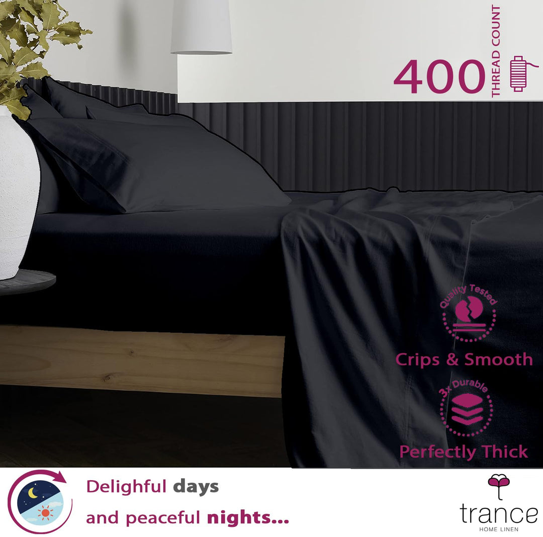 400 TC Cotton Plain Bed Sheet with Pillow Covers - Black