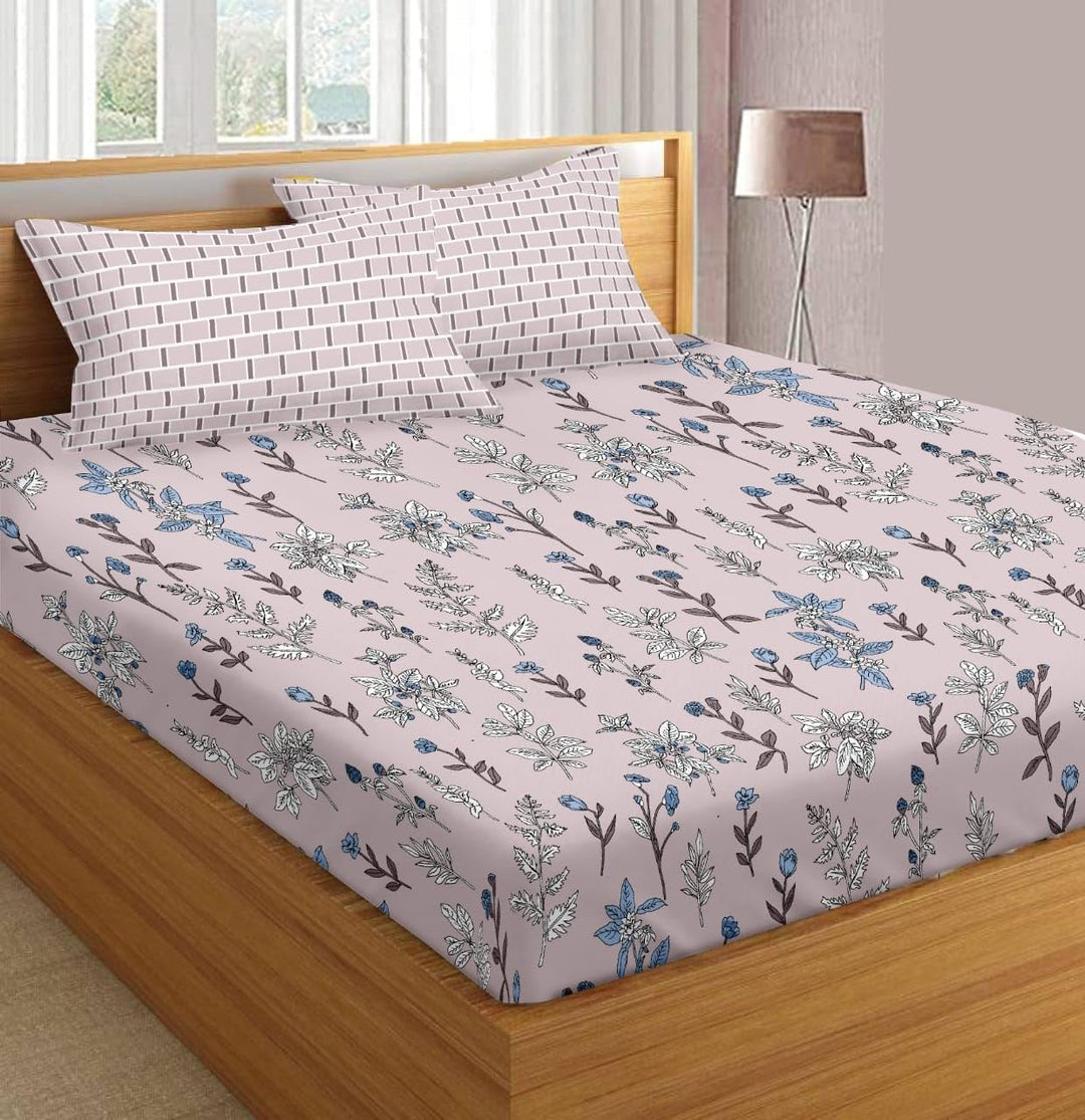 180TC Cotton Printed Flat Bedsheet with 2 Pillow Covers - Carnations