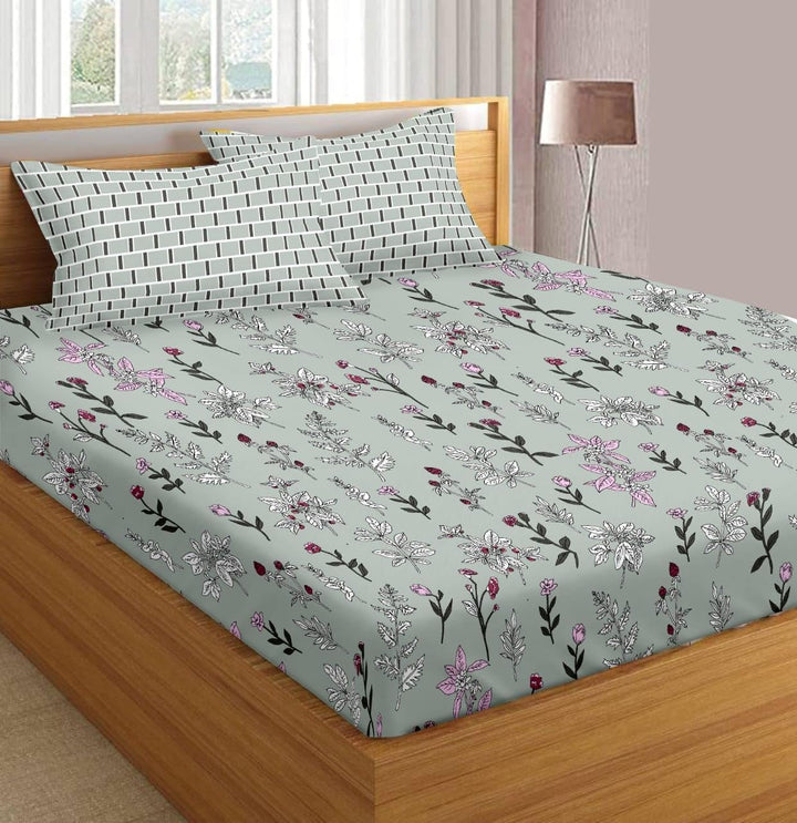 180TC Cotton Printed Flat Bedsheet with 2 Pillow Covers - Carnations