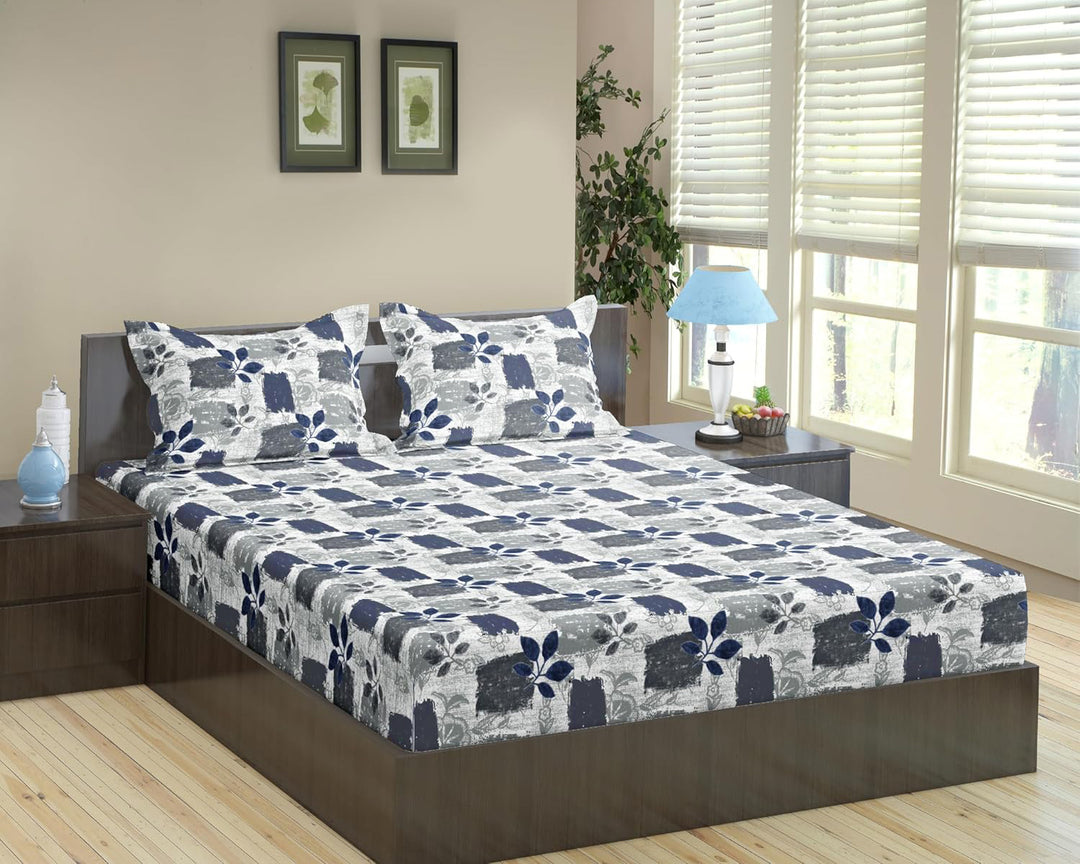 100% Cotton 144TC Printed Fitted Bedsheet with Pillow Covers - Blue Beech