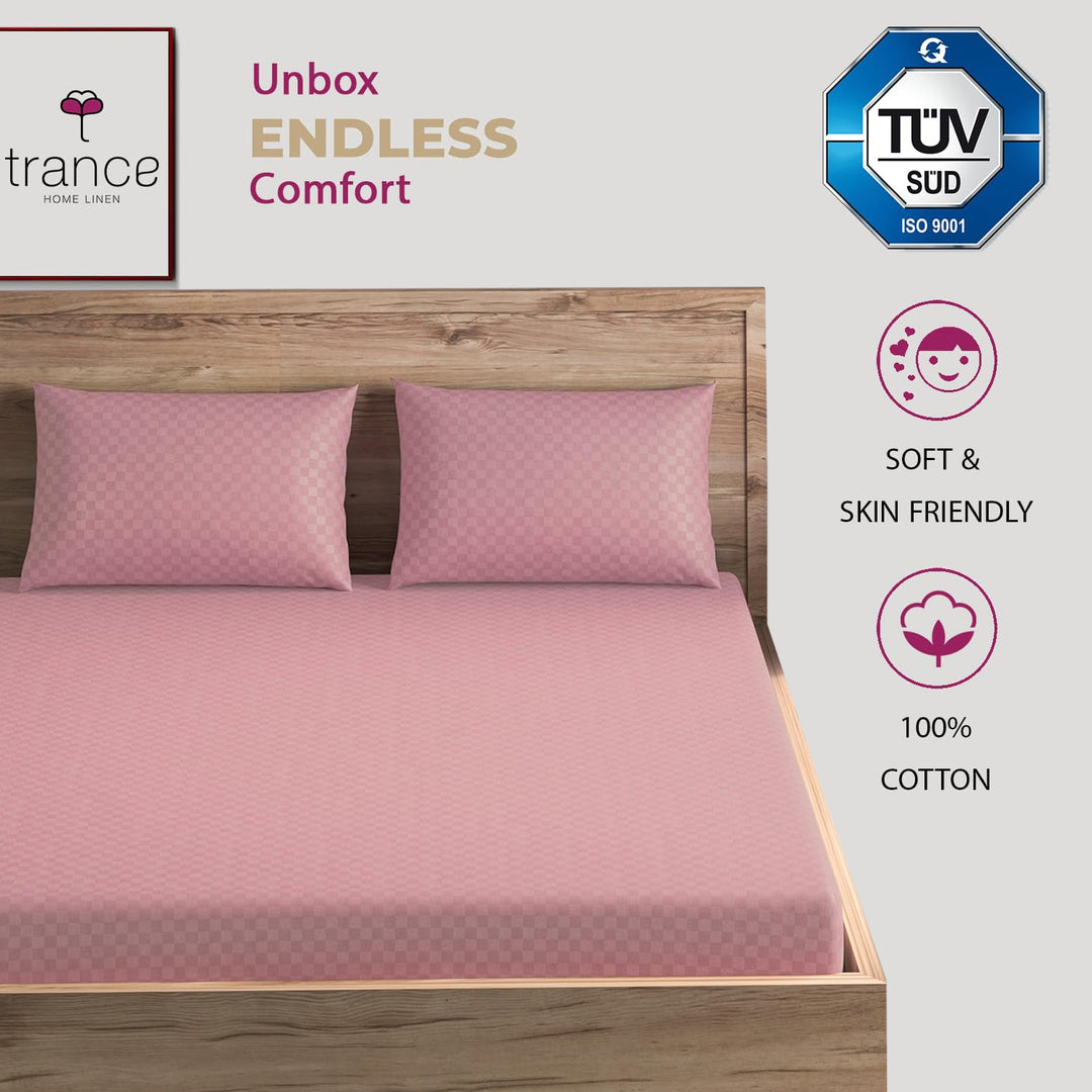 300TC 100% Cotton Jacquard Weave Fitted Bedsheet with Pillow Covers - Dusty Rose