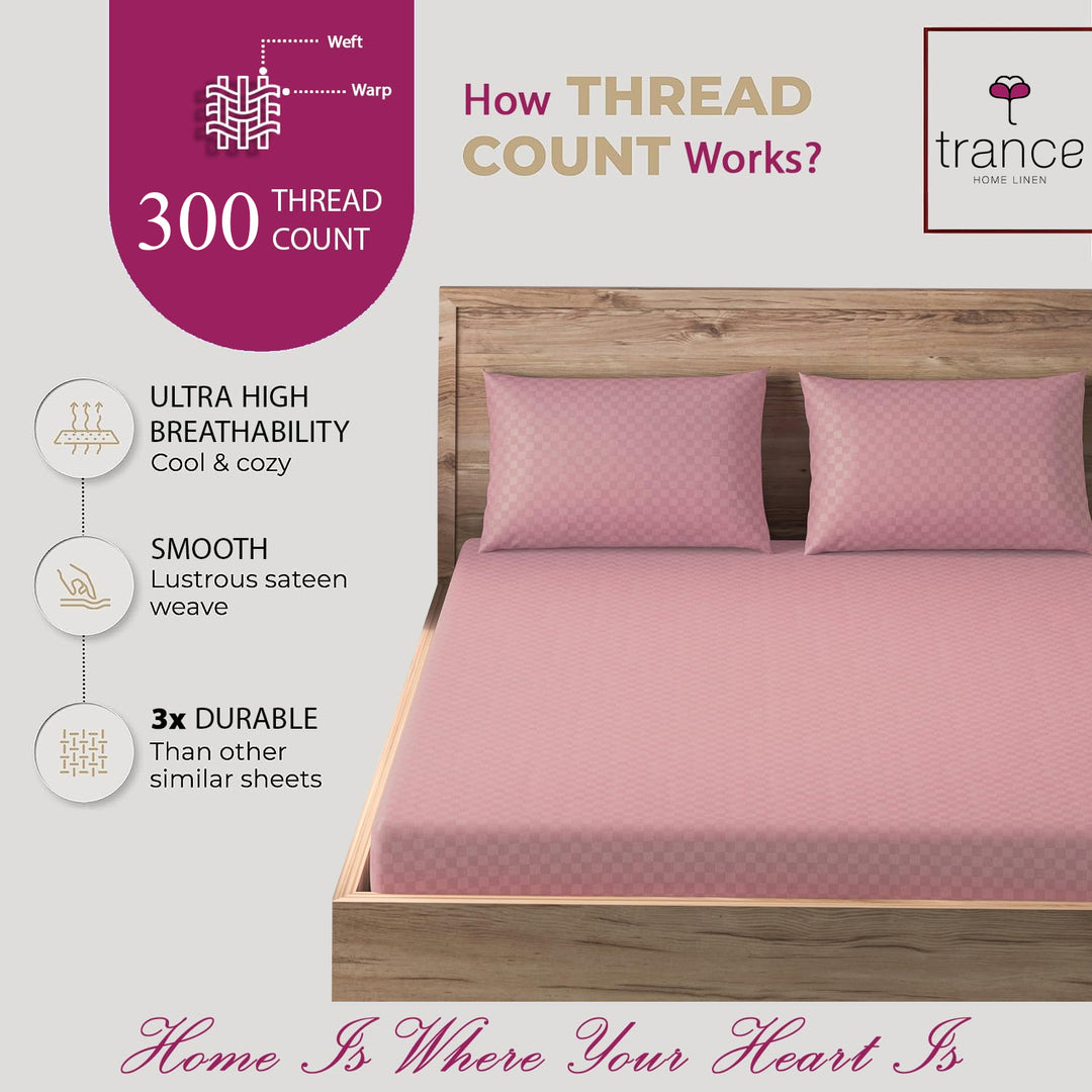 300TC 100% Cotton Jacquard Weave Fitted Bedsheet with Pillow Covers - Dusty Rose