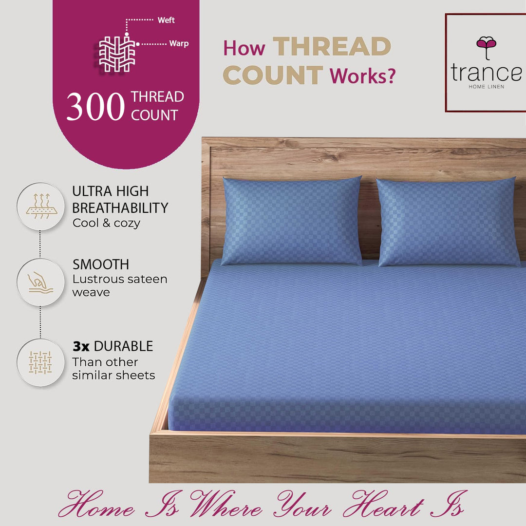 300TC 100% Cotton Jacquard Weave Fitted Bedsheet with Pillow Covers - Mediterranean Blue