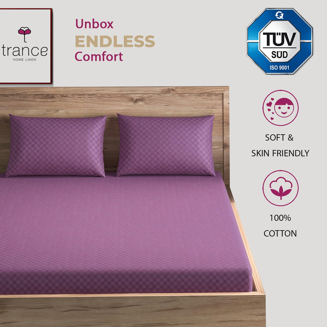 300TC 100% Cotton Jacquard Weave Fitted Bedsheet with Pillow Covers - Plum