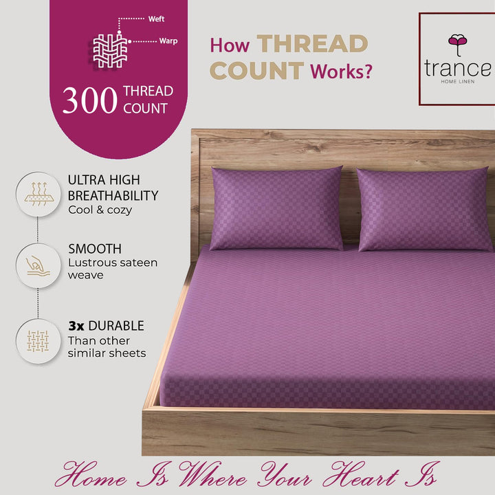 300TC 100% Cotton Jacquard Weave Fitted Bedsheet with Pillow Covers - Plum